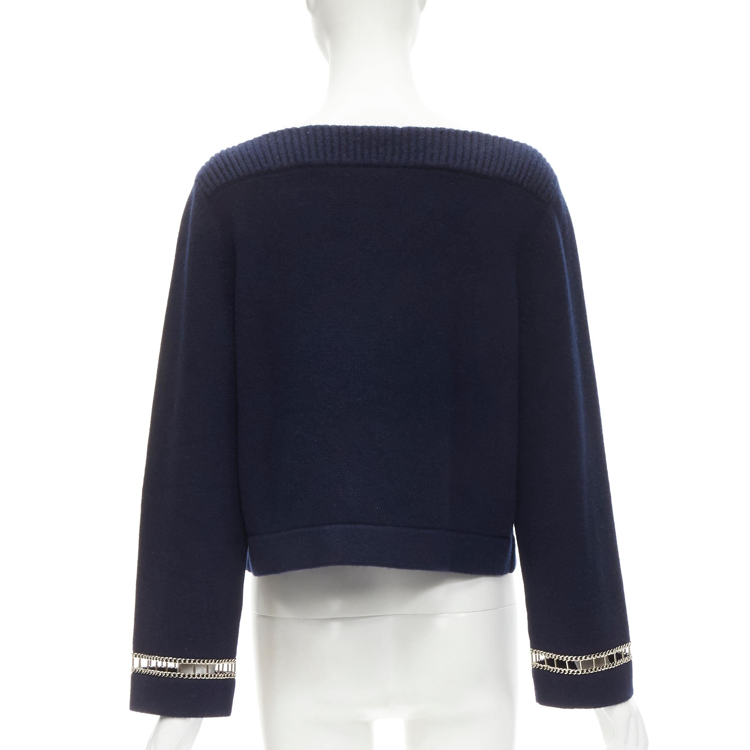 Women's CHANEL 2020 Runway 100% cashmere navy gold chain trim boat neck sweater FR38 For Sale