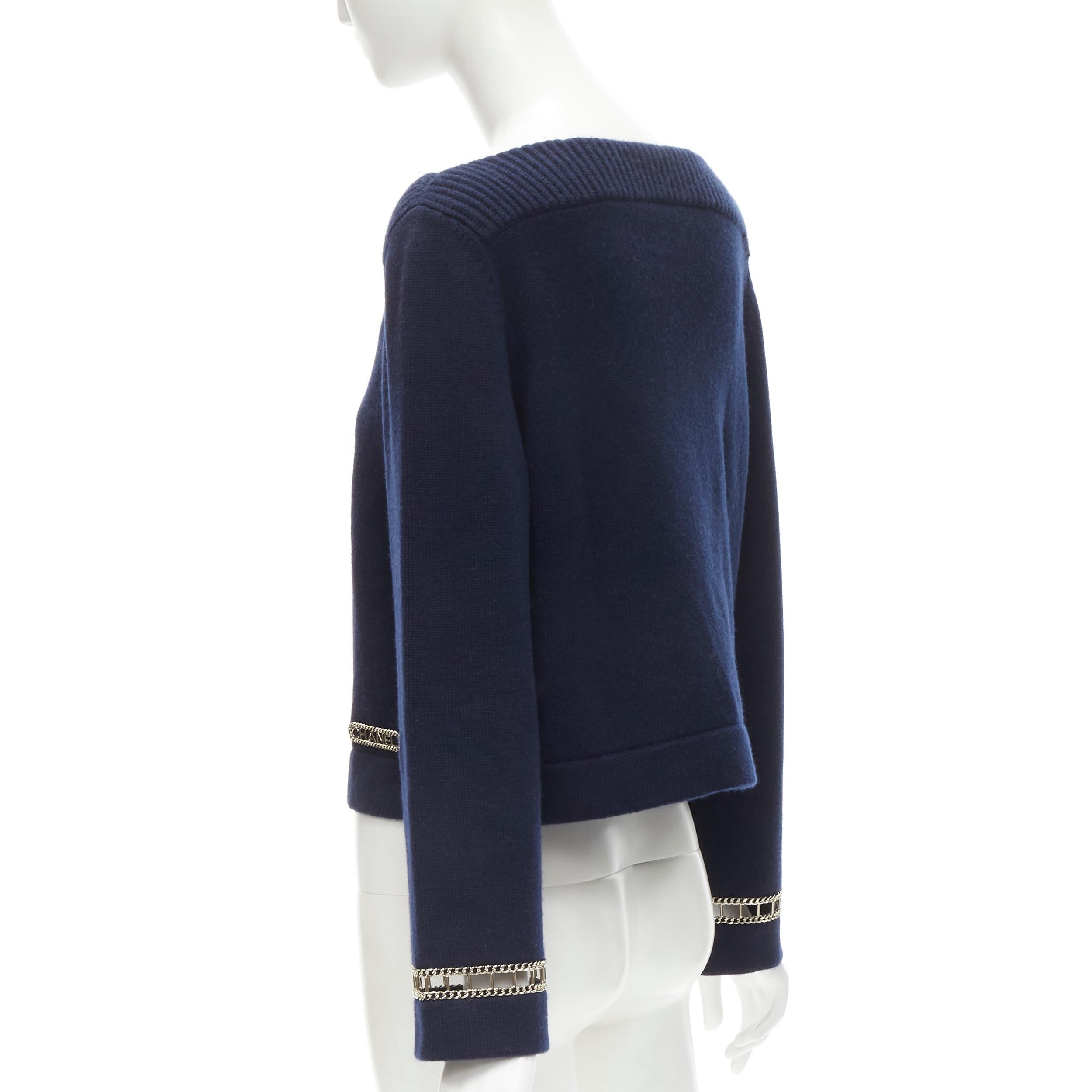 CHANEL 2020 Runway 100% cashmere navy gold chain trim boat neck sweater FR38 For Sale 1