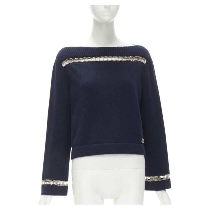 Pull col bateau à bordure en chaîne dorée bleu marine 100 % cachemire CHANEL 2020 Runway FR38