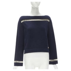 CHANEL 2020 Runway 100% cashmere navy gold chain trim boat neck sweater FR38