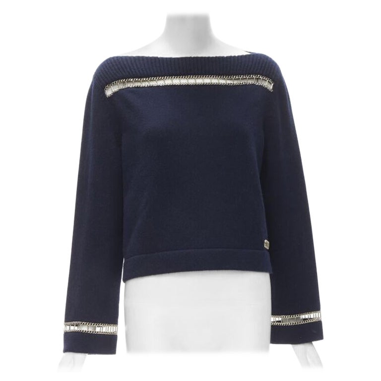 CHANEL 2020 Runway 100% cashmere navy gold chain trim boat neck sweater FR38