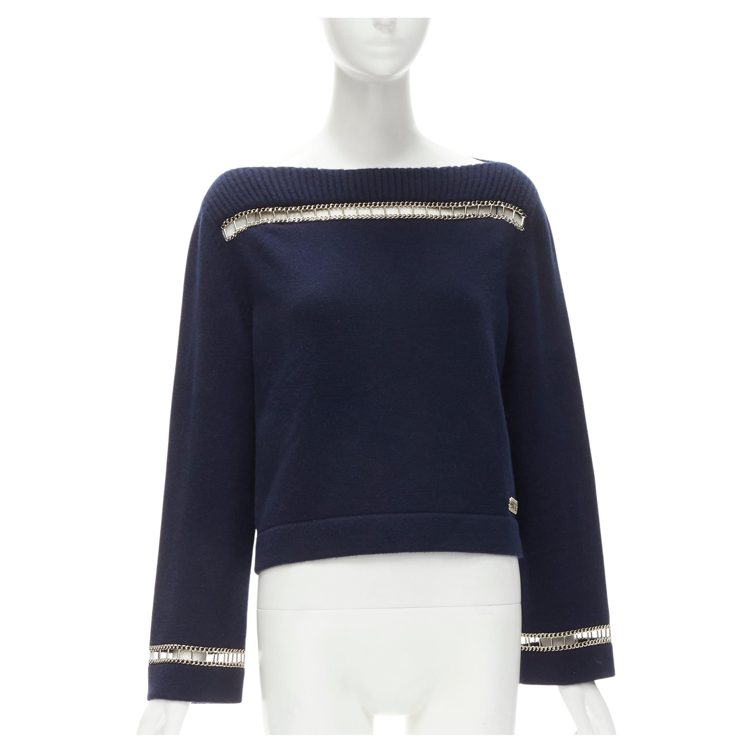 CHANEL 2020 Runway 100% cashmere navy gold chain trim boat neck sweater FR38 For Sale