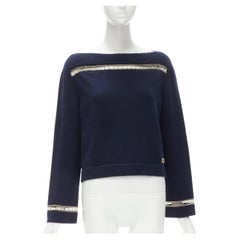 CHANEL 2020 Runway 100% cashmere navy gold chain trim boat neck sweater FR38