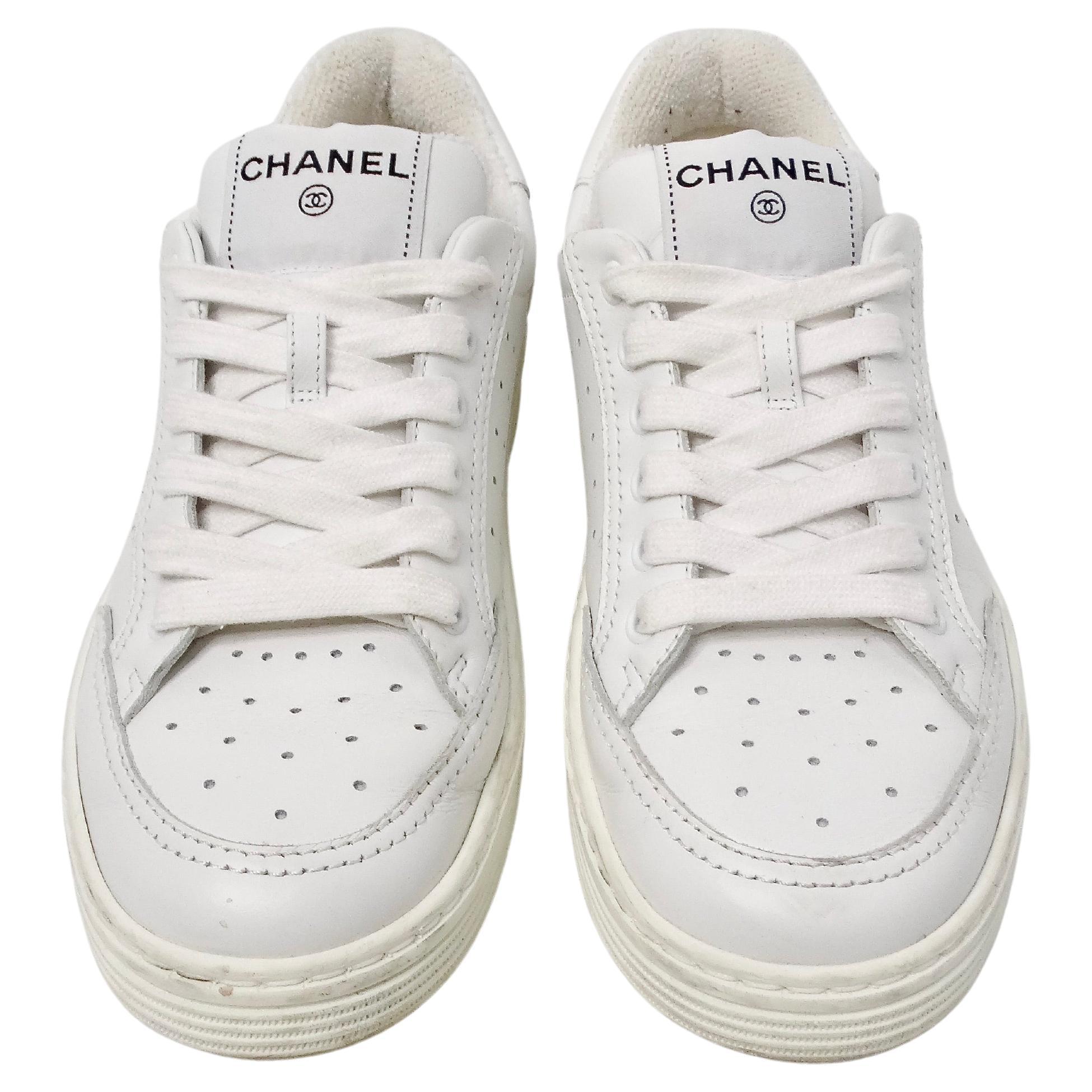 Chanel 2020 White Calfskin Perforated Leather Logo Sneakers