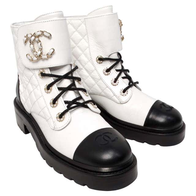 Challes Boot Chanel Brave Shiny Calfskin Quilted CC Chain Cap Toe Platform Short ...