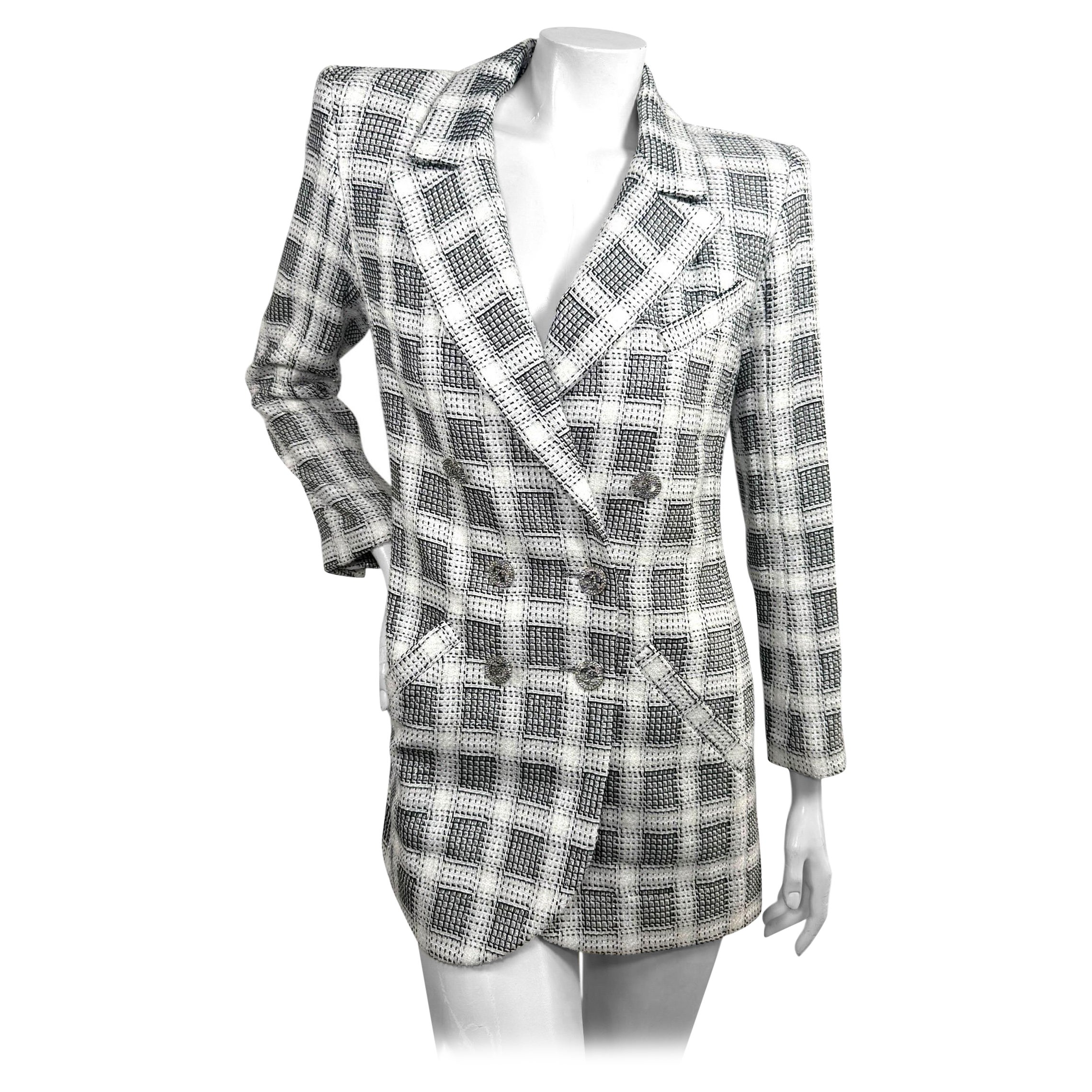 Chanel 2020P Ivory Black Tweed Blazer Dress with Crystal CC Buttons FR 36