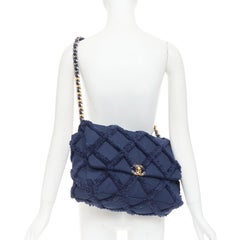 CHANEL 2021 19 navy cotton canvas fringe quilted mixed chain flap bag