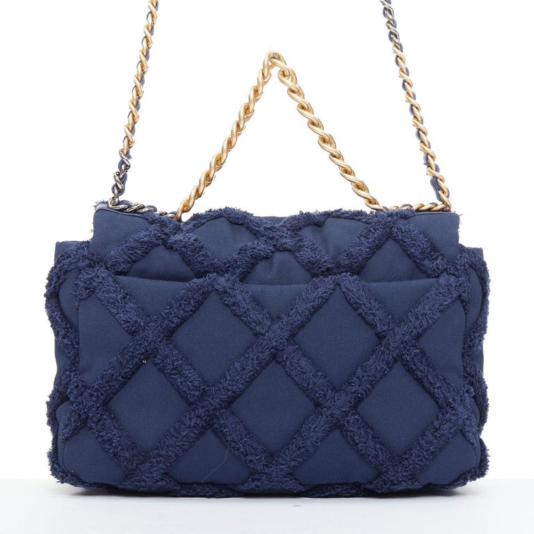 CHANEL 2021 19 navy cotton canvas fringe quilted mixed chain flap