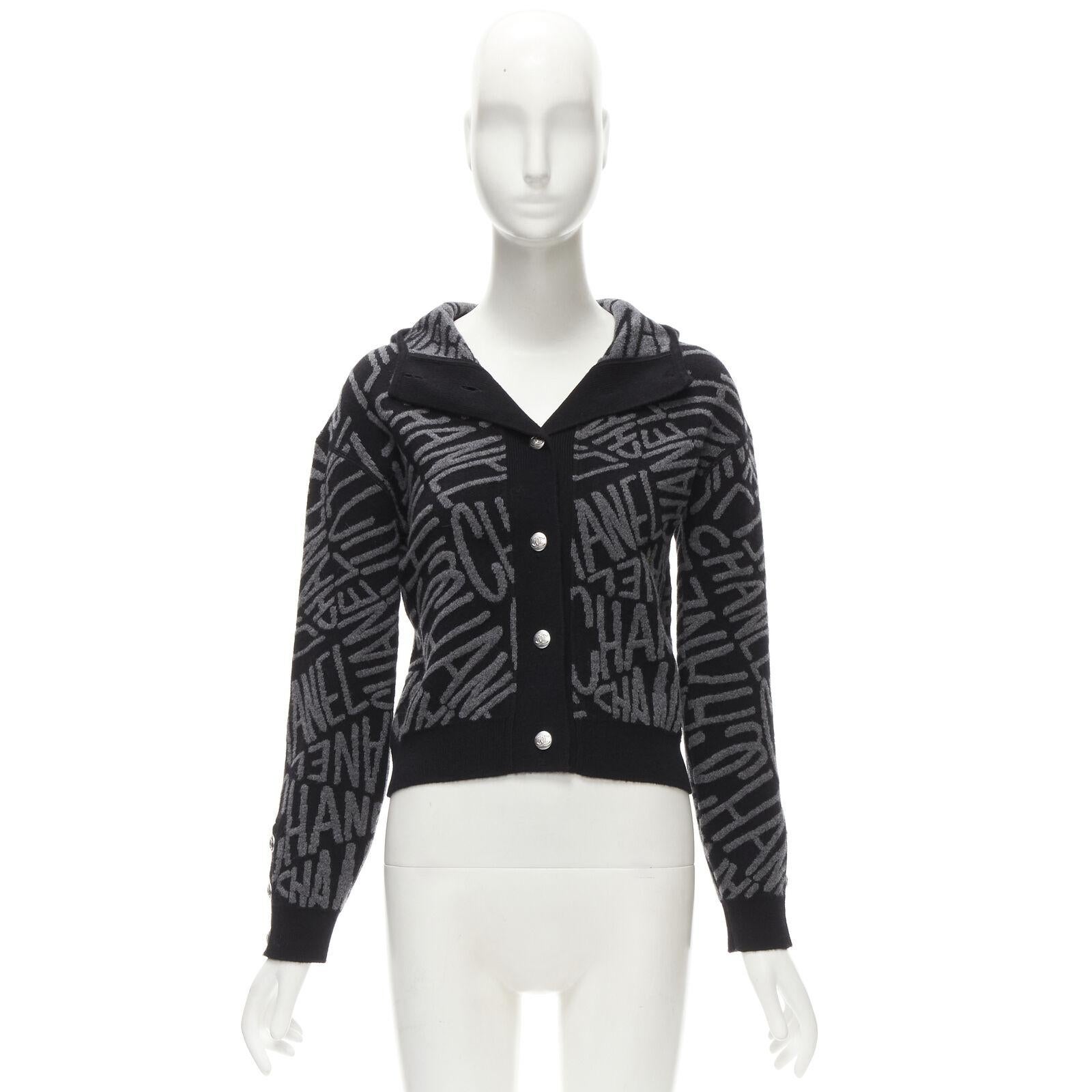 CHANEL 2021 98% cashmere black grey all over logo intarsia CC cardigan FR36 S For Sale 7