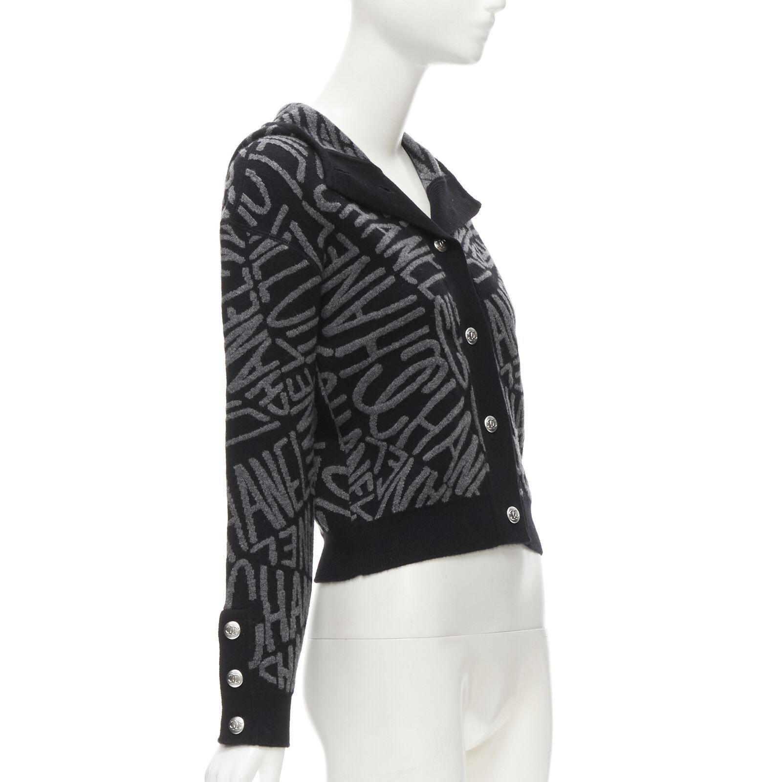 CHANEL 2021 98% cashmere black grey all over logo intarsia CC cardigan FR36 S In Excellent Condition For Sale In Hong Kong, NT