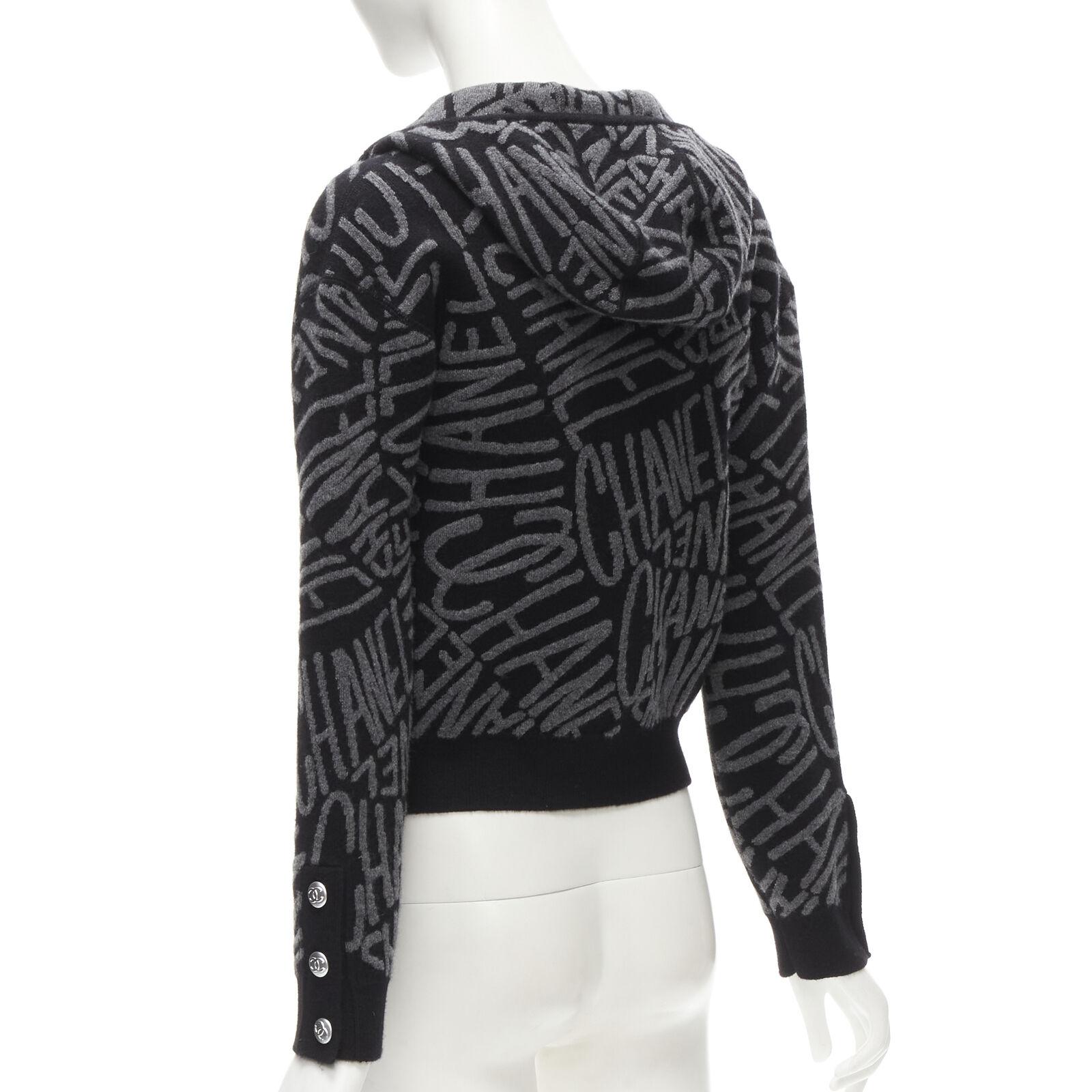 CHANEL 2021 98% cashmere black grey all over logo intarsia CC cardigan FR36 S For Sale 2