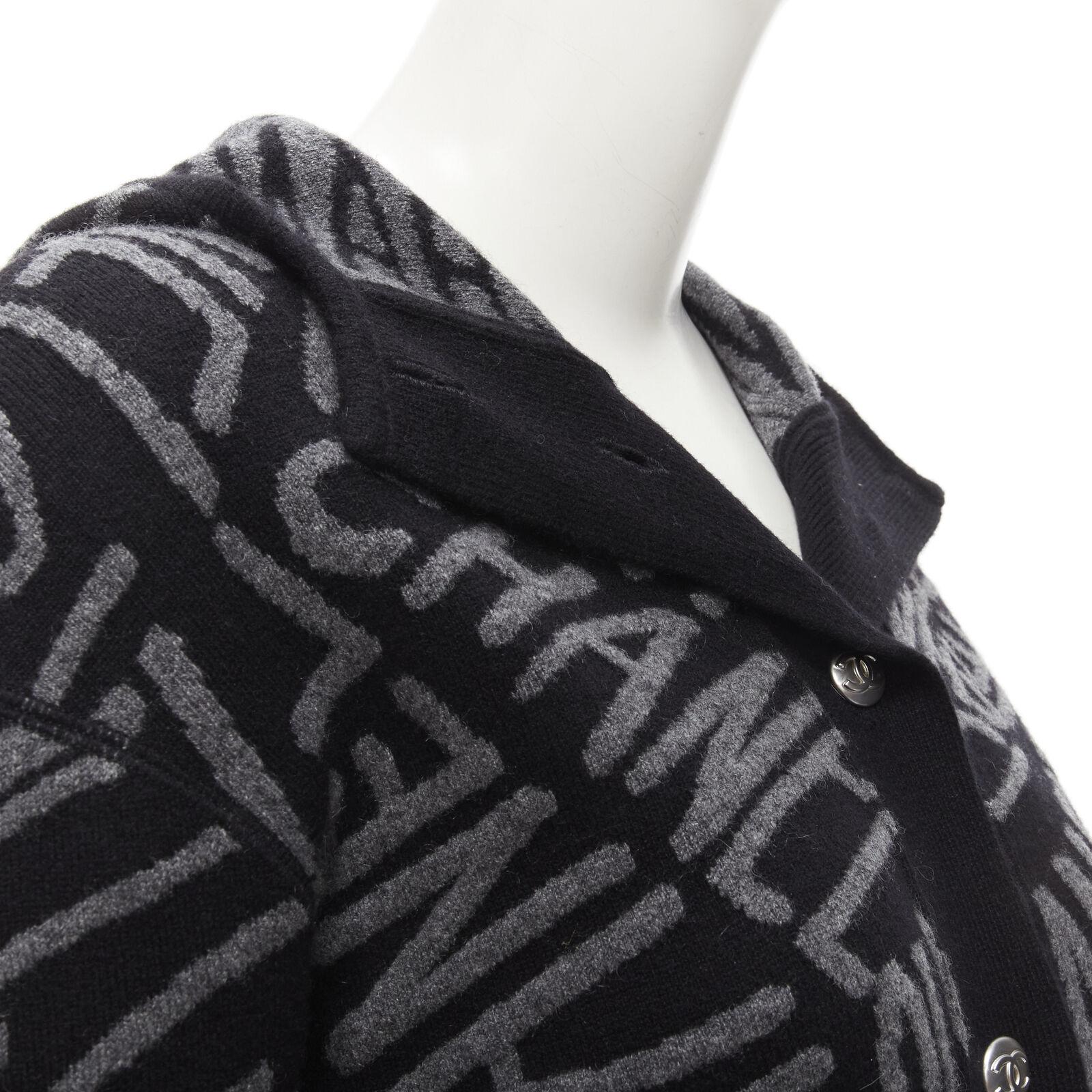 CHANEL 2021 98% cashmere black grey all over logo intarsia CC cardigan FR36 S For Sale 3