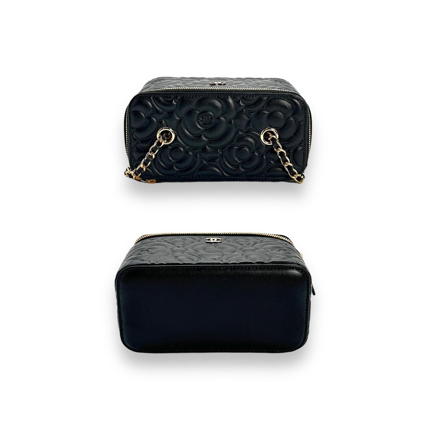 Women's Chanel 2021 Black Camellia Vanity Case w/ Chain
