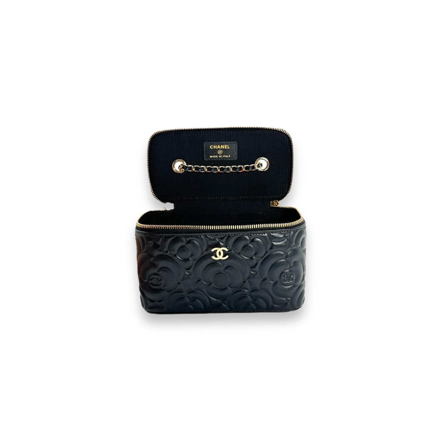 Chanel 2021 Black Camellia Vanity Case w/ Chain 1