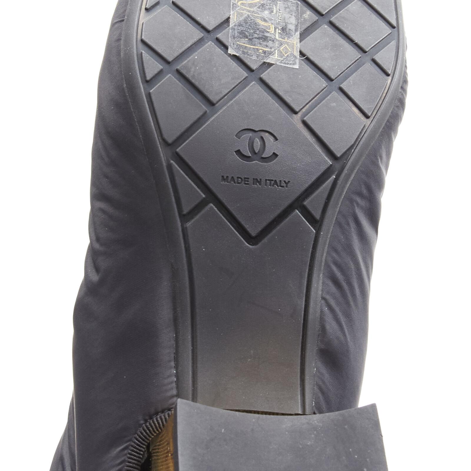 CHANEL 2021 black gold CC logo padded nylon block heeled high boots EU38.5 For Sale 5