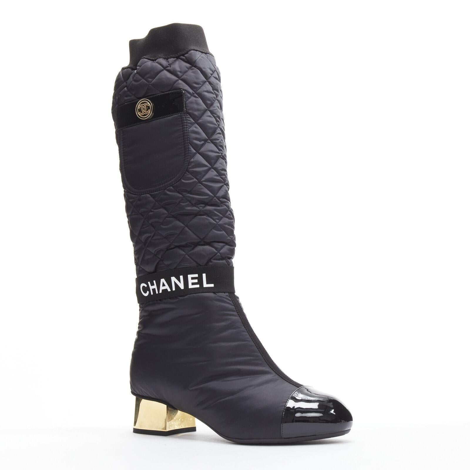 Black CHANEL 2021 black gold CC logo padded nylon block heeled high boots EU38.5 For Sale