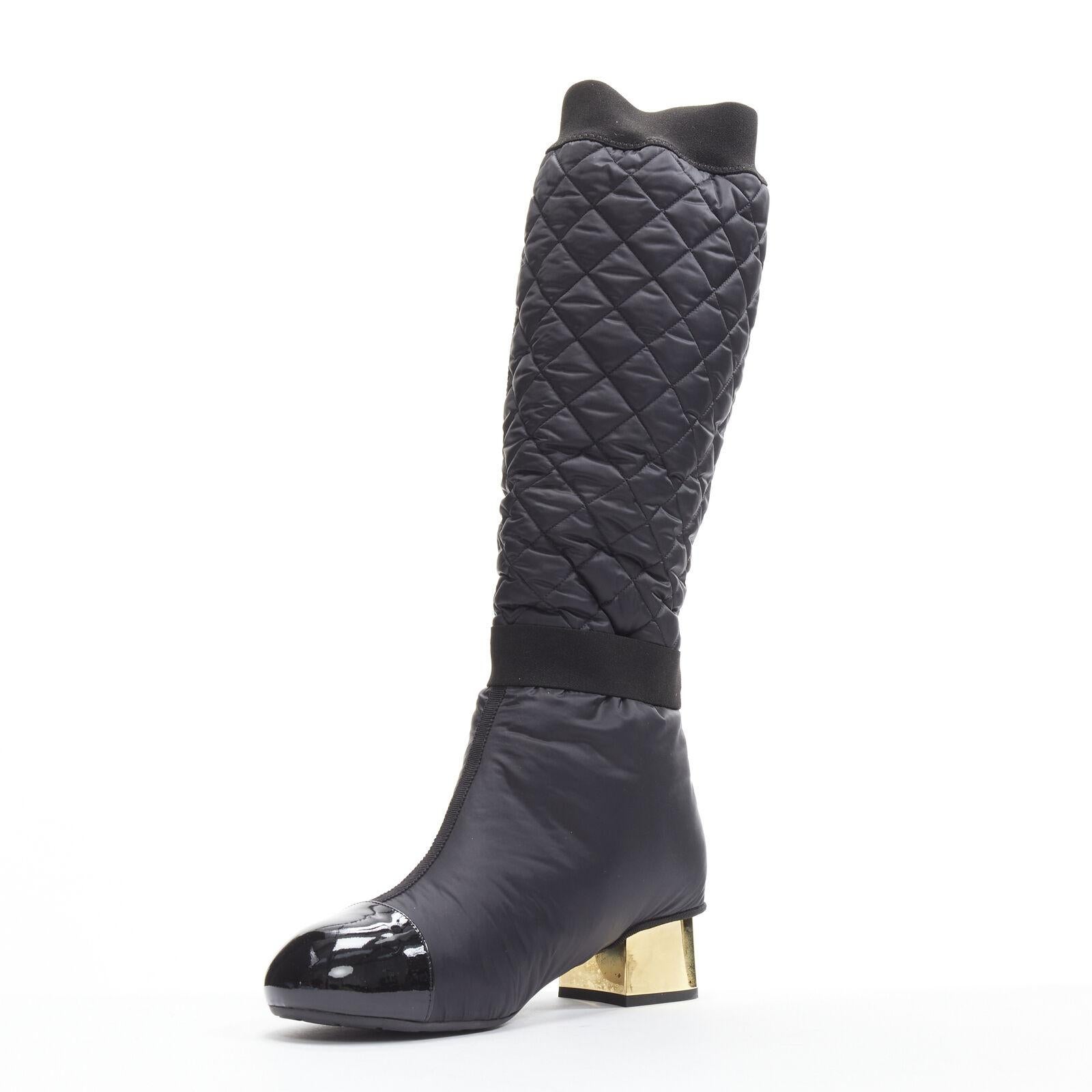 Women's CHANEL 2021 black gold CC logo padded nylon block heeled high boots EU38.5 For Sale
