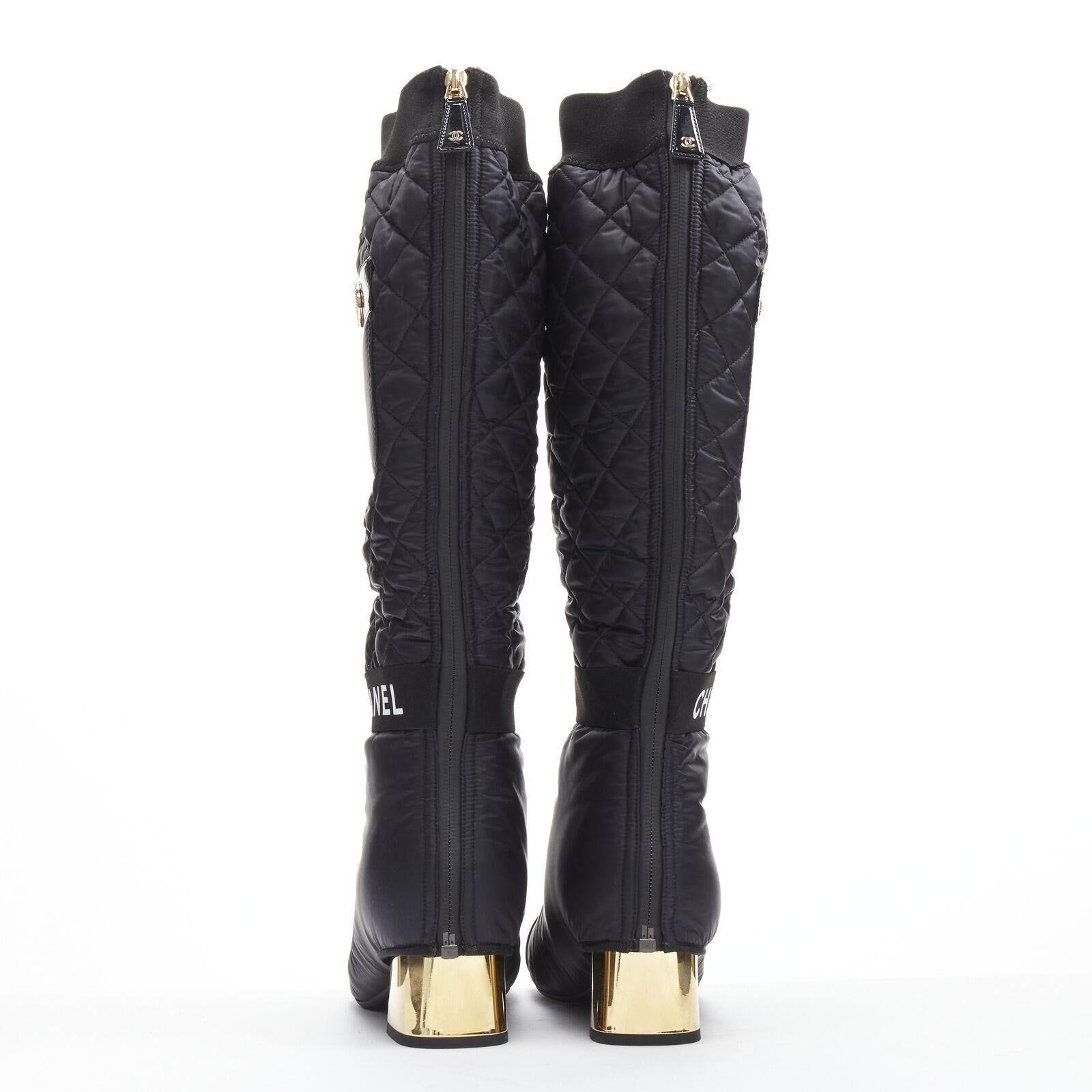CHANEL 2021 black gold CC logo padded nylon block heeled high boots EU38.5 For Sale 1
