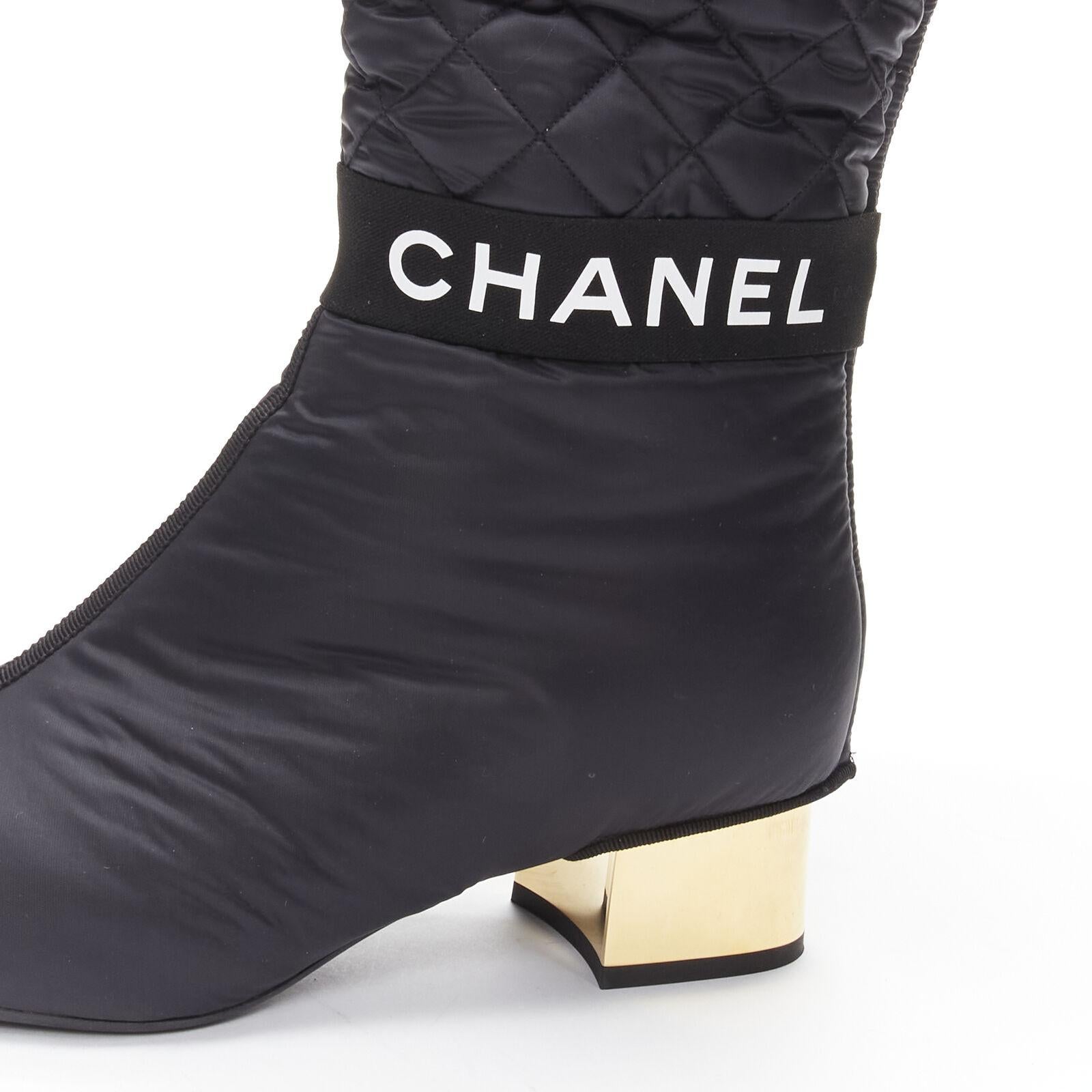 CHANEL 2021 black gold CC logo padded nylon block heeled high boots EU38.5 For Sale 3