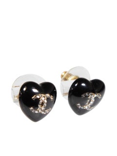Chanel 2021 Black Heart Resin & Strass Earrings