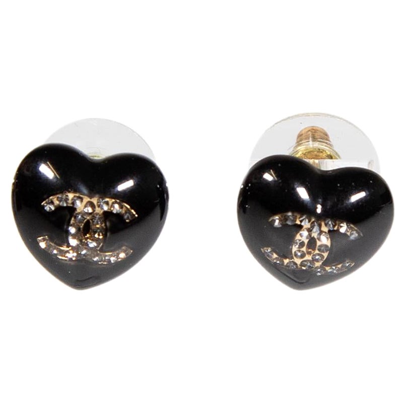Chanel 2021 Black Heart Resin 
Strass Earrings