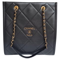 Chanel 2021 Black Leather Quilted Logo Shopping Tote