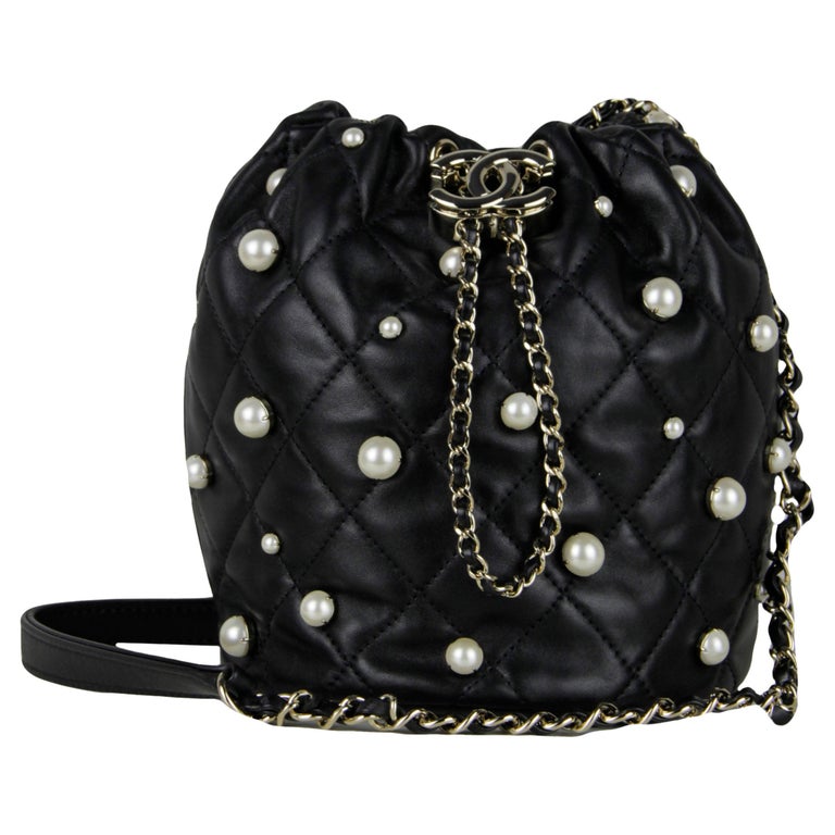 Chanel 2021 Black Quilted Lambskin Leather Pearl Drawstring Bucket