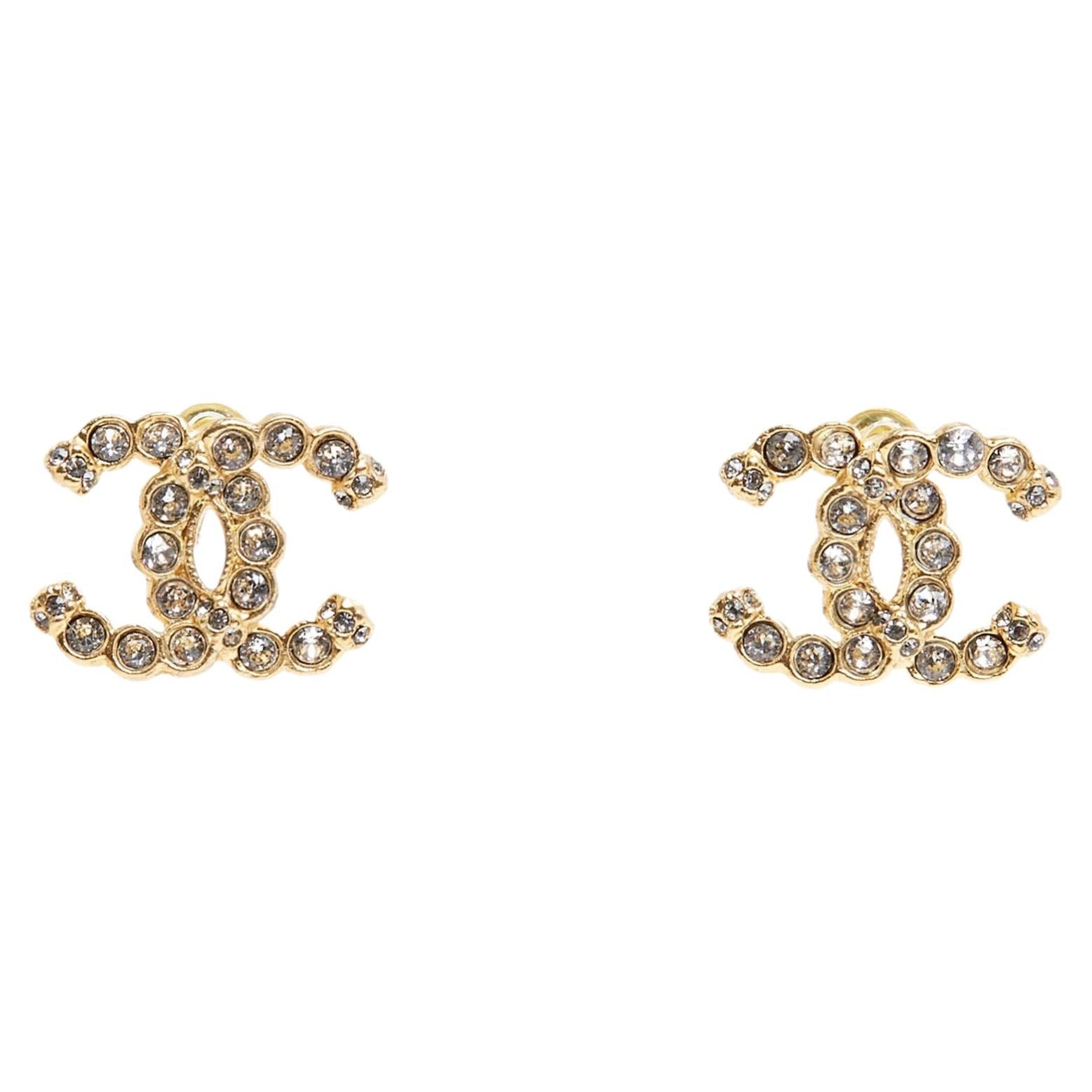 Chanel 2021 Boucles oreille Clous CC Large Golden Rounded Strass Studs Earrings