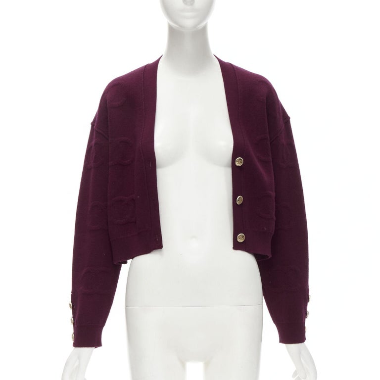 CHANEL 2021 cashmere dark purple CC jacquard gold button cardigan jacket  FR38 S