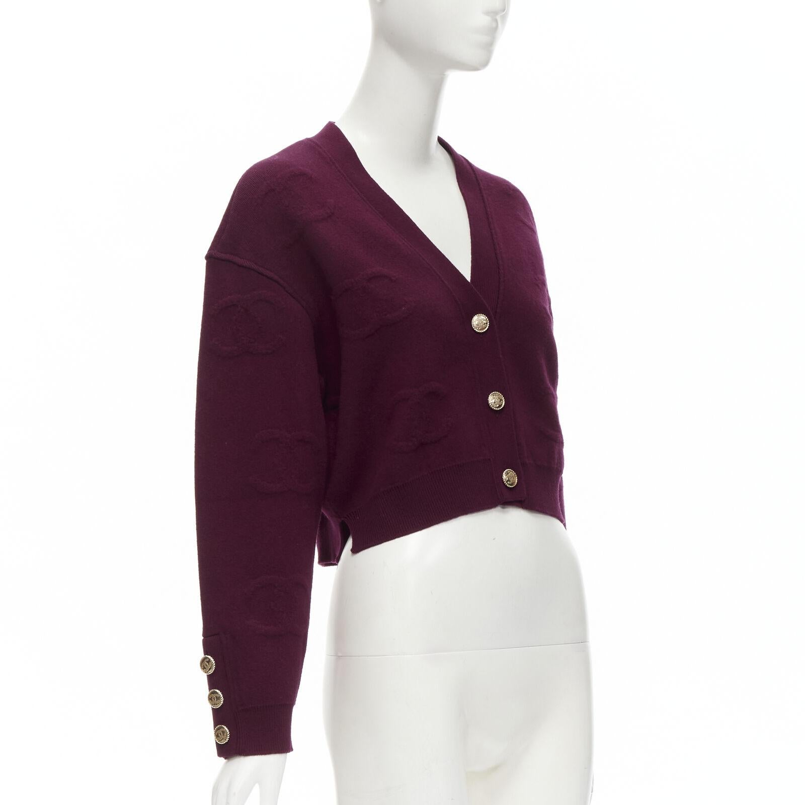 Women's CHANEL 2021 cashmere dark purple CC jacquard gold button cardigan jacket FR38 S