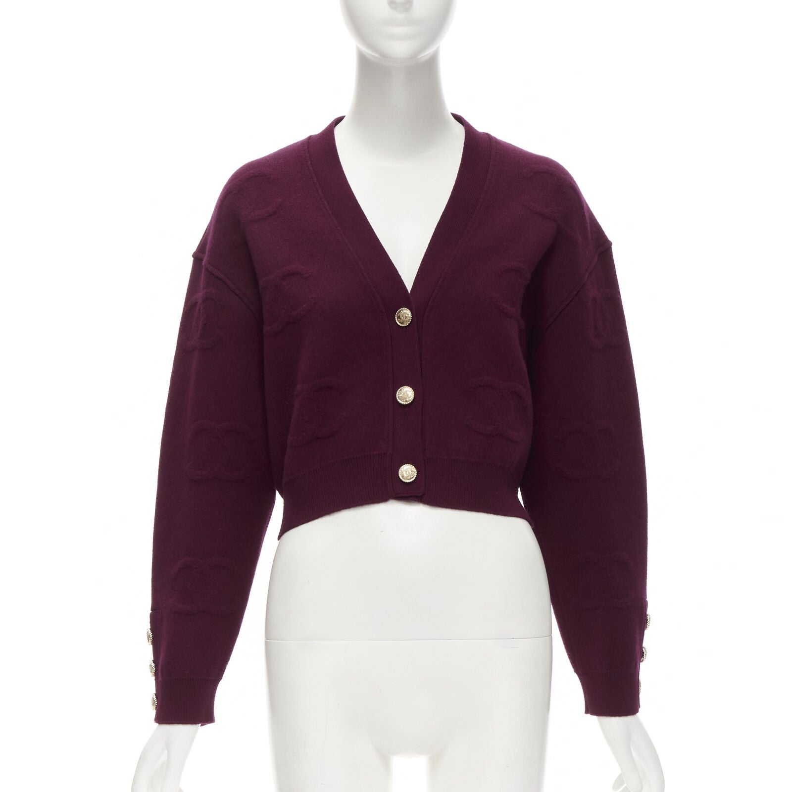CHANEL 2021 cashmere dark purple CC jacquard gold button cardigan jacket FR38 S