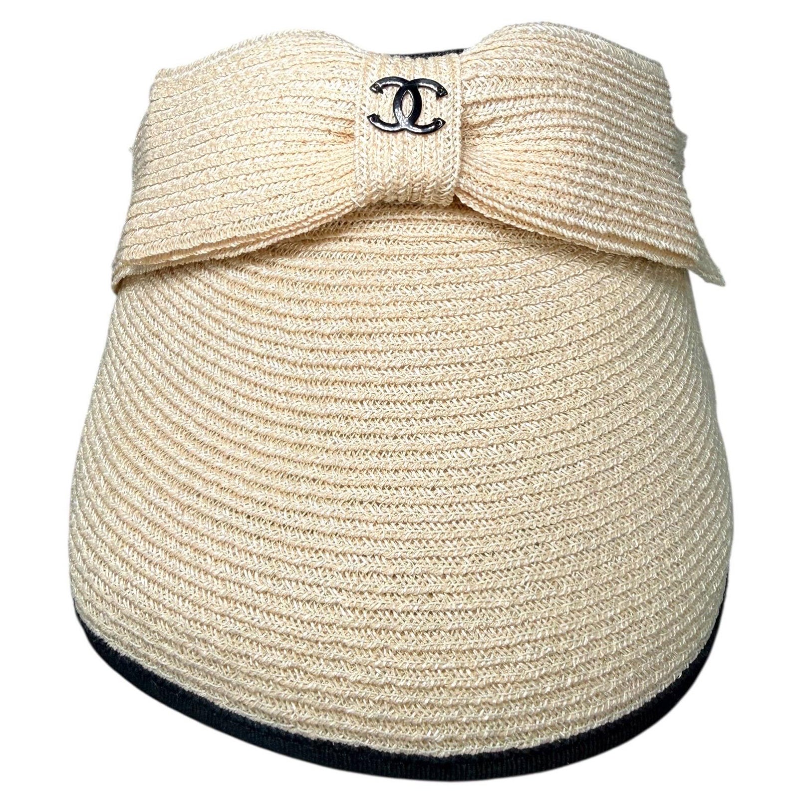 Chanel 2021 CC Bogen Raffia Visier Natur und Schwarz, Größe M