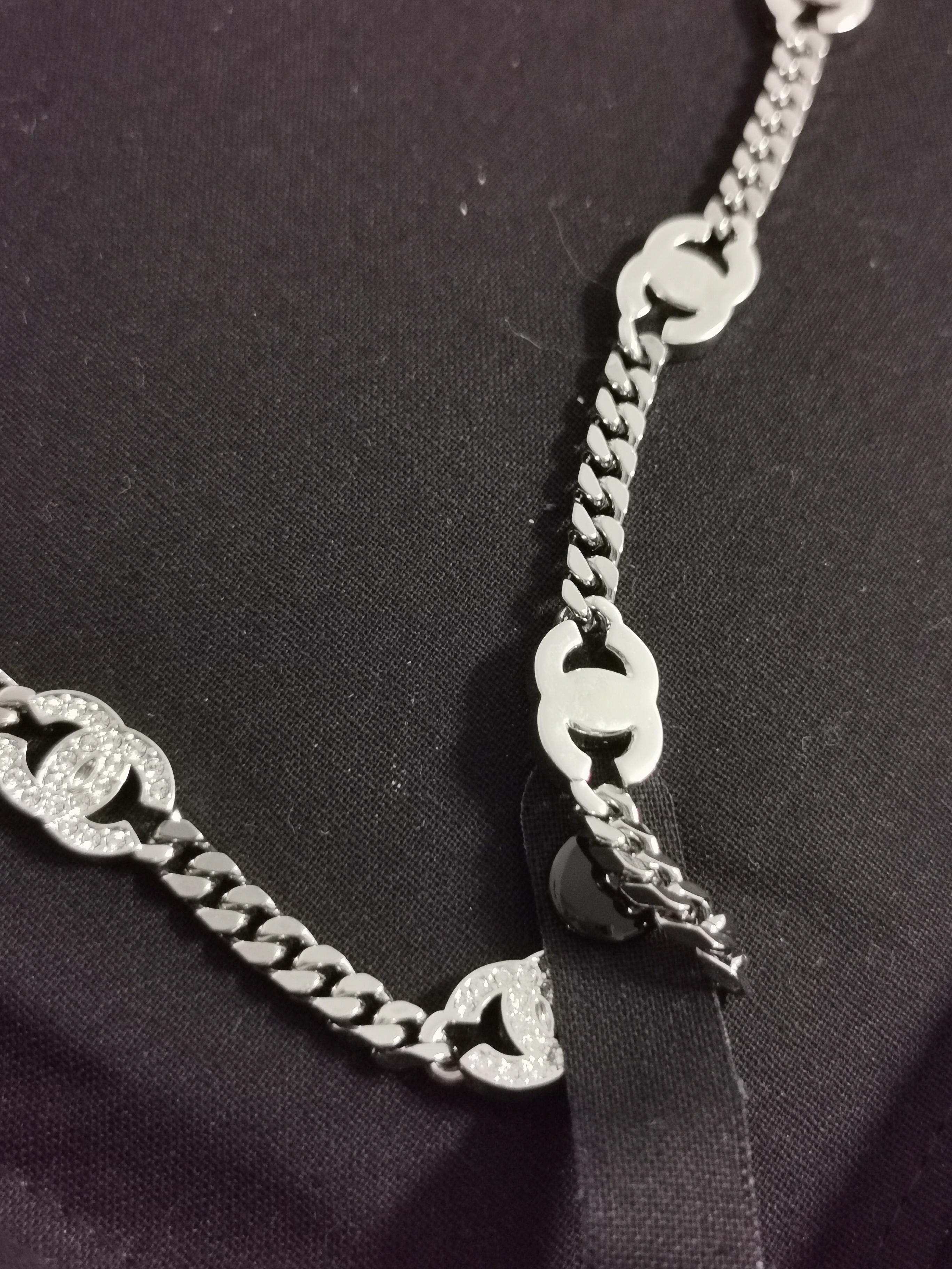 Chanel 2021 CC Rhinestones Chain Guntmetal Silver Waist Chain or Necklace For Sale 1