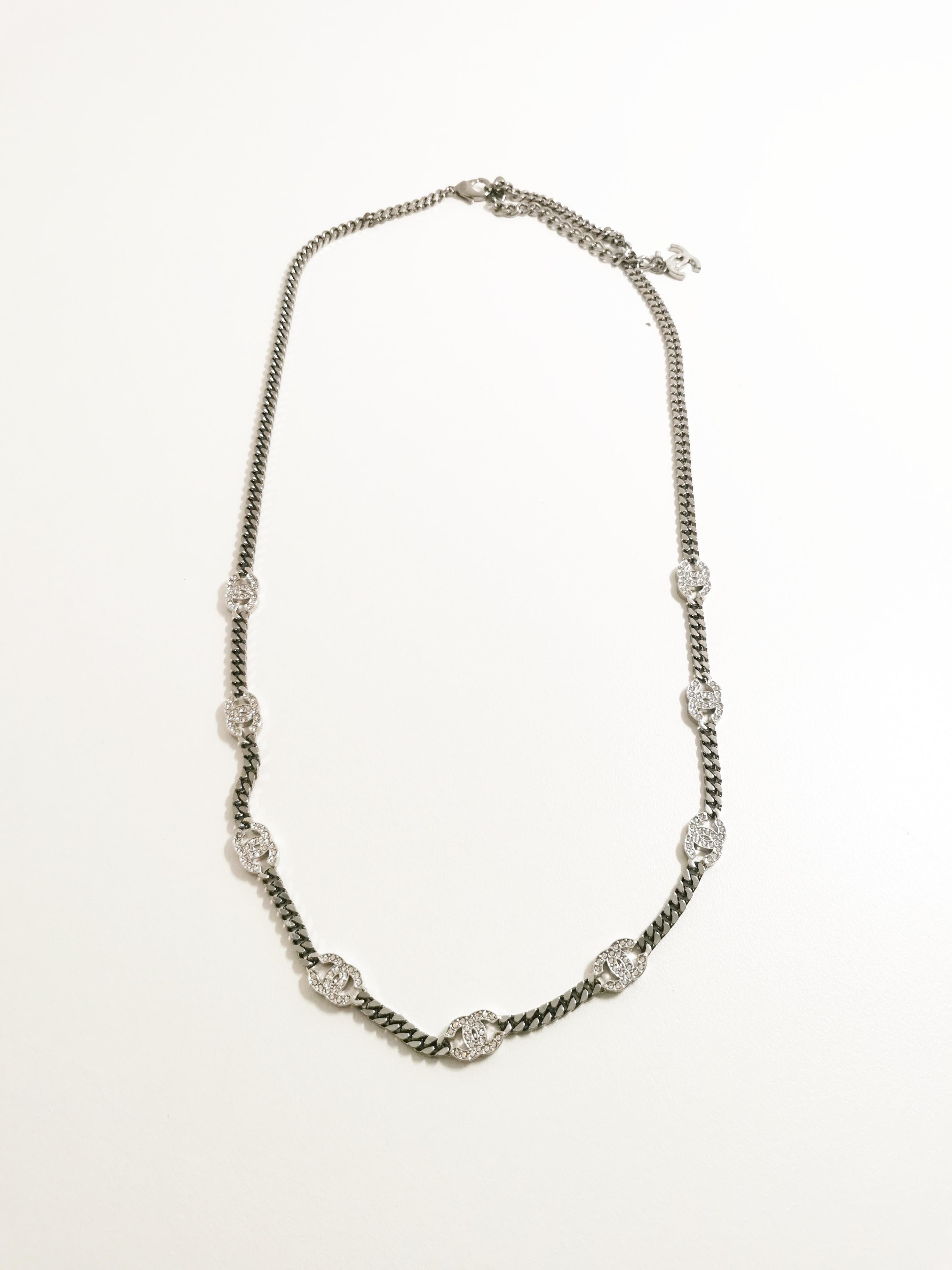Chanel 2021 CC Rhinestones Chain Guntmetal Silver Waist Chain or Necklace For Sale 2