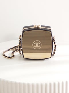 Chanel 2021 Compact Powder Beauty Box Gold Mirror CC Black Lambskin Clutch Bag