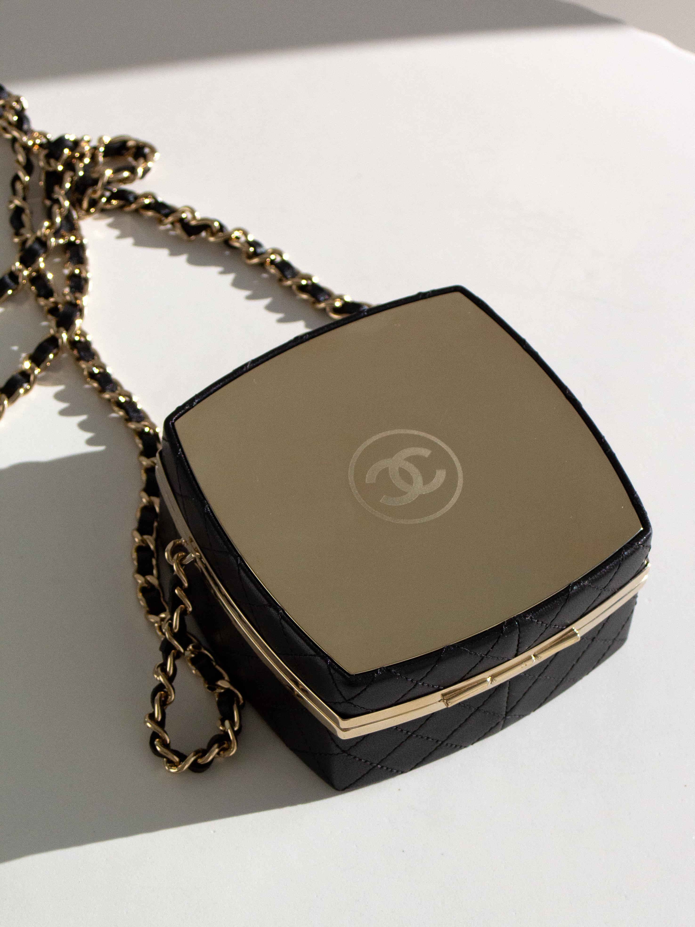 Chanel 2021 Compact Powder Beauty Box Gold Mirror CC Black Lambskin Clutch Bag 2