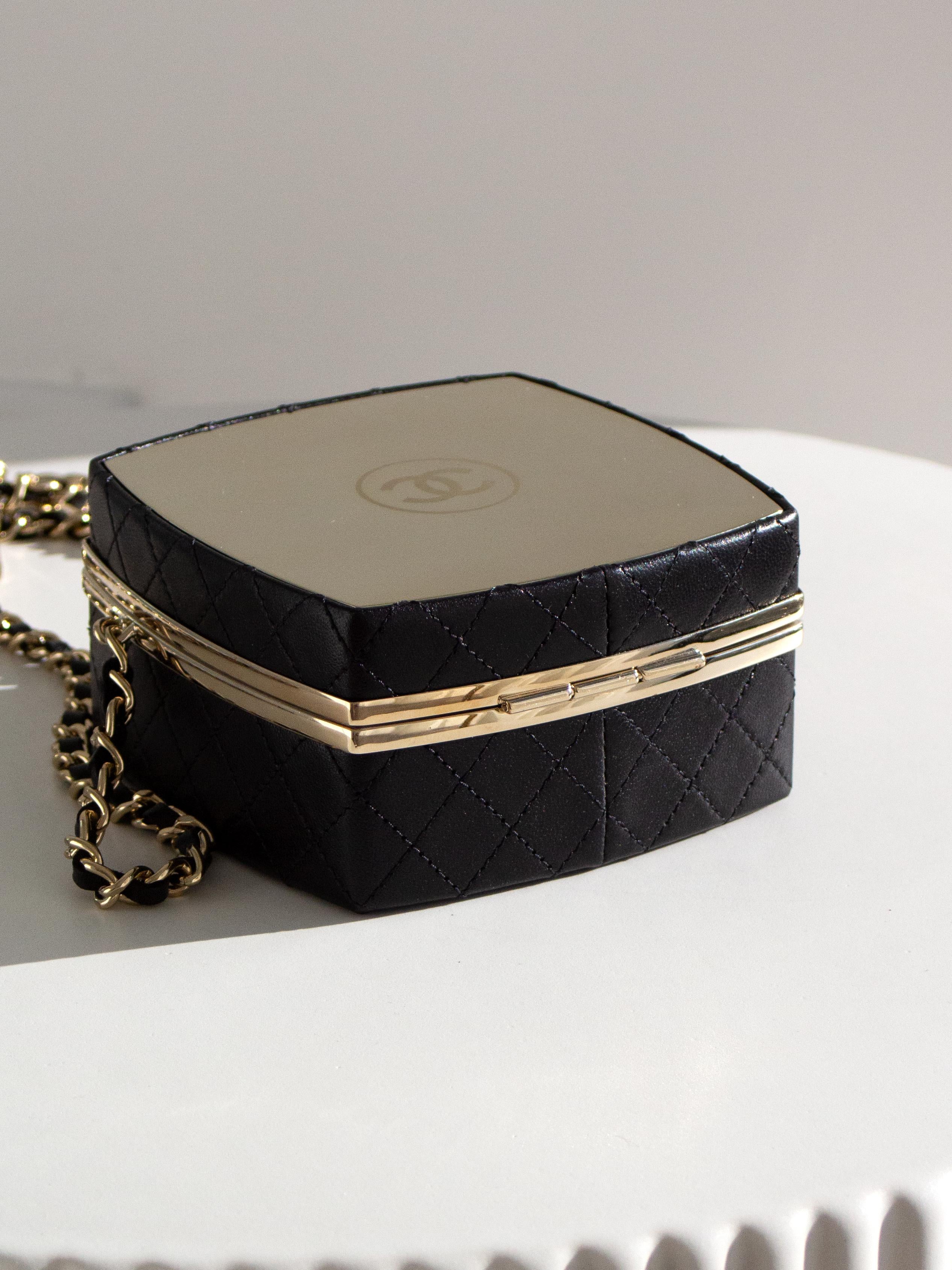 Chanel 2021 Compact Powder Beauty Box Gold Mirror CC Black Lambskin Clutch Bag 3