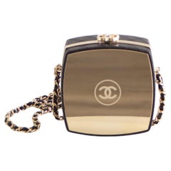 Chanel 2021 Compact Powder Beauty Box Gold Mirror CC Black Lambskin Clutch Bag