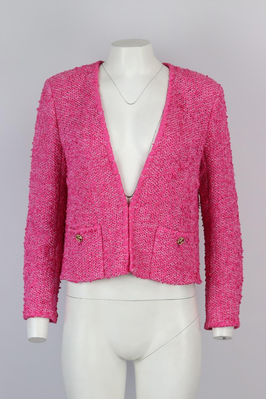 Chanel 2021 cotton tweed tweed jacket. Tonal-pink. Long sleeve, v-neck. Hook and eye fastening at front. 81% Cotton, 13% acrylic, 3% polyester, 3% polyamide; lining: 100% silk. Size: FR 42 (UK 14, US 10, IT 46). Shoulder to shoulder: 16.5 in. Bust: