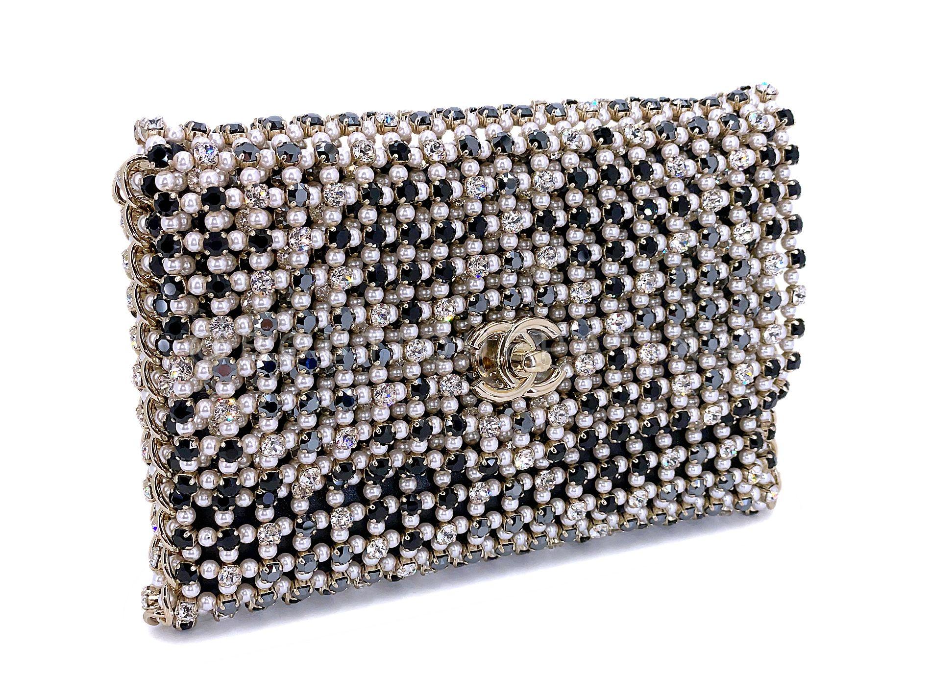 Black Chanel 2021 Evening Gold Pearls Crystal Flap Bag 67895