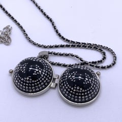 Chanel 2021 F/W CC Strass Resin Black Mirror Ball Locket Pendant Long Necklace