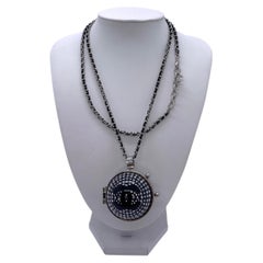 Chanel 2021 F/W CC Strass Resin Black Mirror Ball Locket Pendant Long Necklace