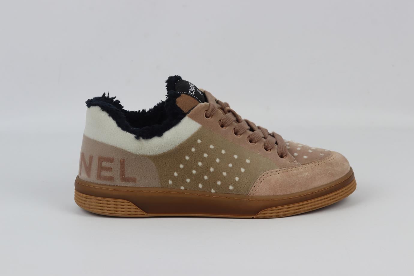 Chanel 2021 faux shearling lined velvet and suede sneakers. Black, beige, white, dusty-pink. Lace up fastening at front. Does not come with dusbtag or box. Size: EU 38.5 (UK 5.5, US 8.5). Insole: 9.6 in. Heel Height: 1 in. Very good condition -