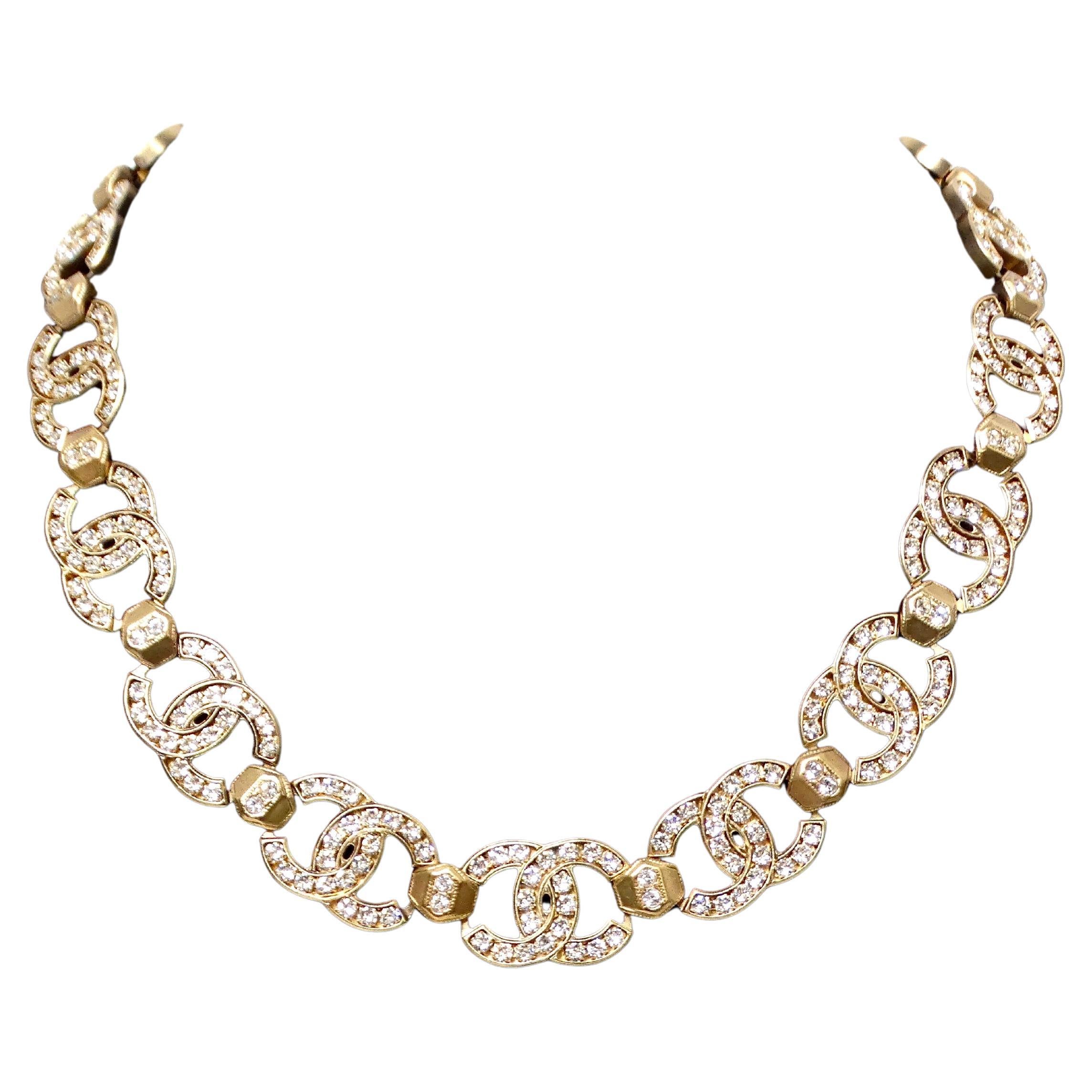 Chanel 2021 Gold-Tone Crystal Interlocking CC Logo Choker Necklace