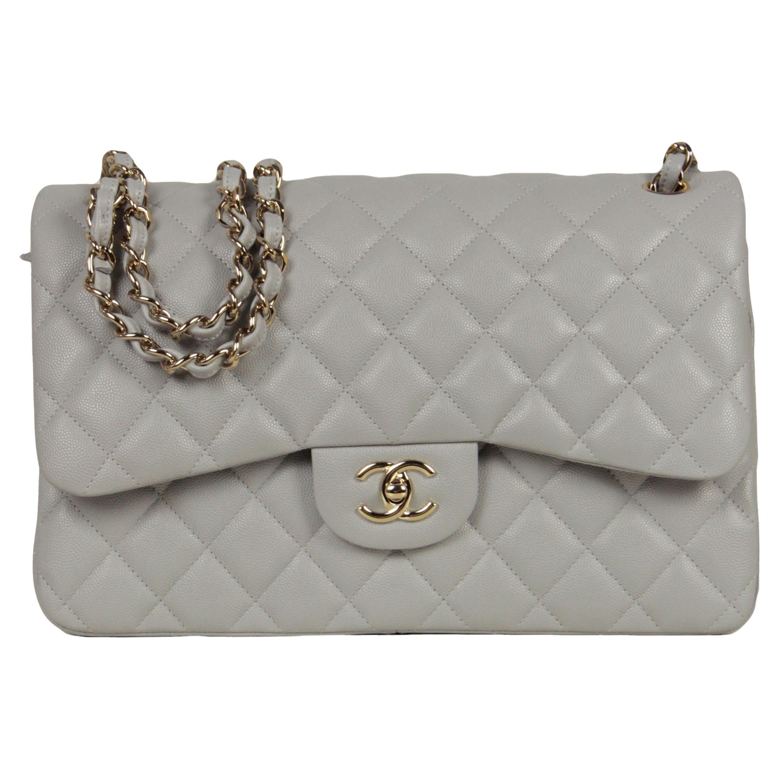 Chanel 2021 Grey Caviar Leather Quilted Classic Double Flap Jumbo