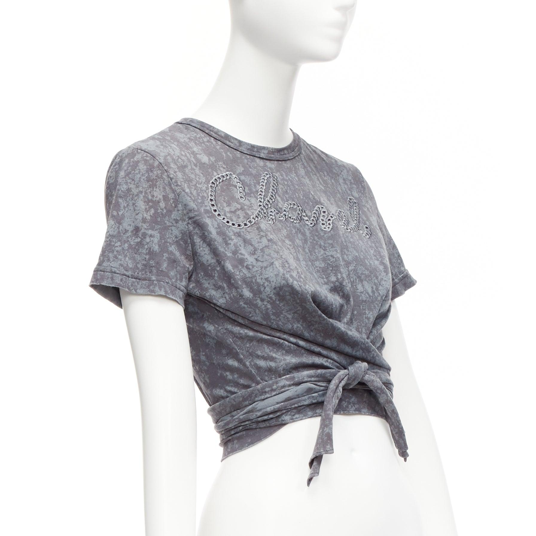 Gray CHANEL 2021 grey rope logo embroidery tie cropped tshirt FR34 XS For Sale