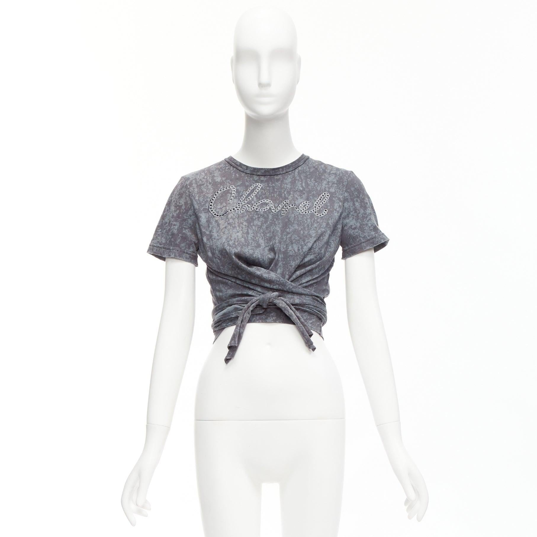 CHANEL 2021 grey rope logo embroidery tie cropped tshirt FR34 XS For Sale 5