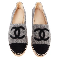 CHANEL 2021 grey wool felt black CC velvet applique espadrille flats EU39