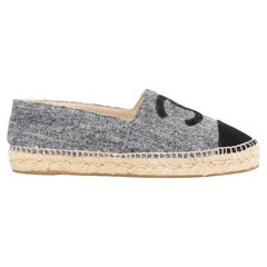 CHANEL 2021 grey wool felt black CC velvet applique espadrille flats EU39