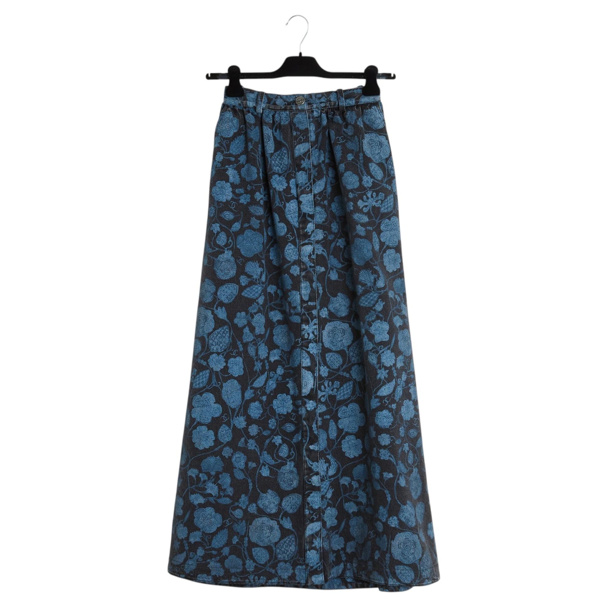 Chanel 2021 Jupe Metiers Art FR36 Pre Fall Denim Flowers Maxi Skirt UK8 US4 to 6